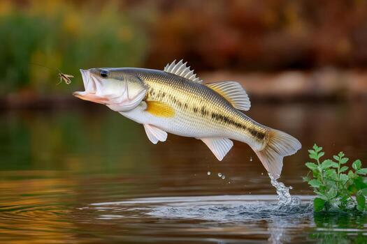 Largemouth bass jumping out of the water to strike a lure during autumn fishing